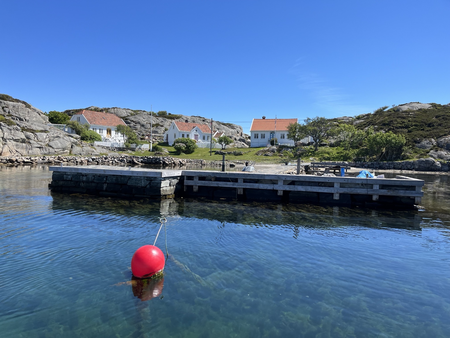 Ramsøya med brygga, sjøen og de hvite husene